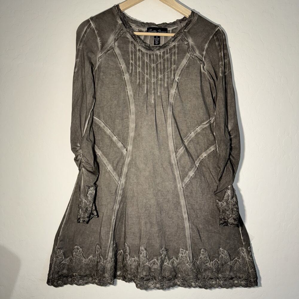 Gretty Zueger Women's Bohemian Style Tunic Lace Trim Charcoal Grey Medium EUC